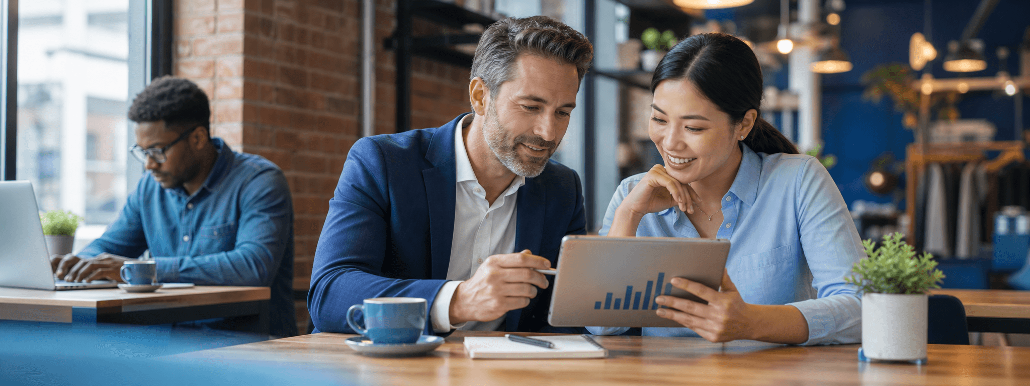 Business advisor guiding entrepreneurs in a coworking studio